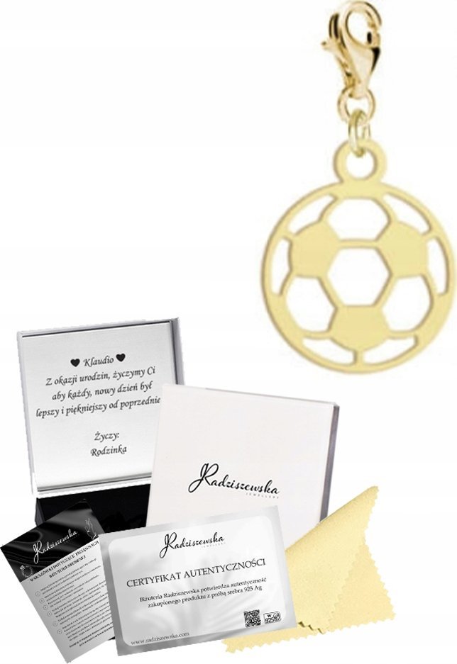 Radziszewska Jewellery Charms Złoty Piłka Nożna Karabińczyk Srebro 925 Prezent DEDYKACJA GRATIS