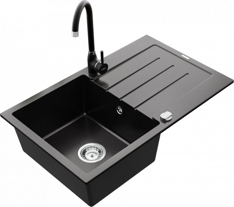 Zlewozmywak Mexen Mexen Bruno zlewozmywak granitowy 1-komorowy z ociekaczem i baterią kuchenną Telma, czarny - 6513-77-670200-70