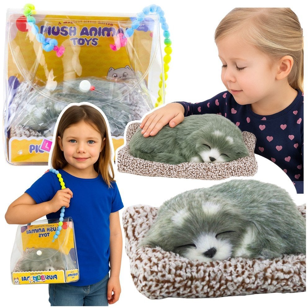 Śpiący Pies Husky Na Poduszce Figurka z Futerkiem Torba Dźwięki EDUKAMP