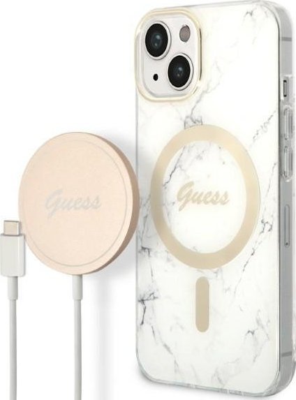 Guess Zestaw Guess GUBPP14SHMEACSH Case+ Charger iPhone 14 6,1" biały/white hard case Marble MagSafe NoSize