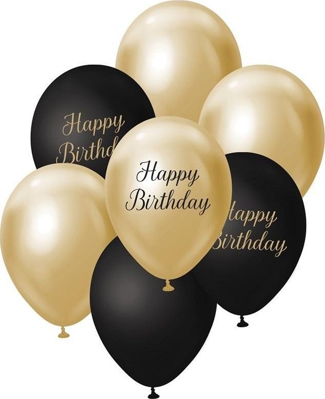 Balony B&C j. złoto-czarny Happy Birthday 7szt