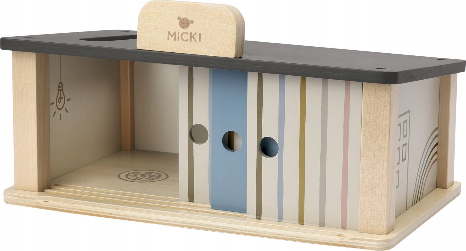 Drewniany garaż zabawka dla dzieci, zabawa samochodami, warsztat auta Micki