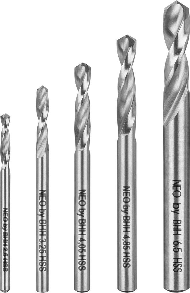 Wiertło Neo do metalu HSS walcowe 2,5 mm 4,0 mm 4,8 mm 6,5 mm 3,25 mmmm 5szt. (08-957)