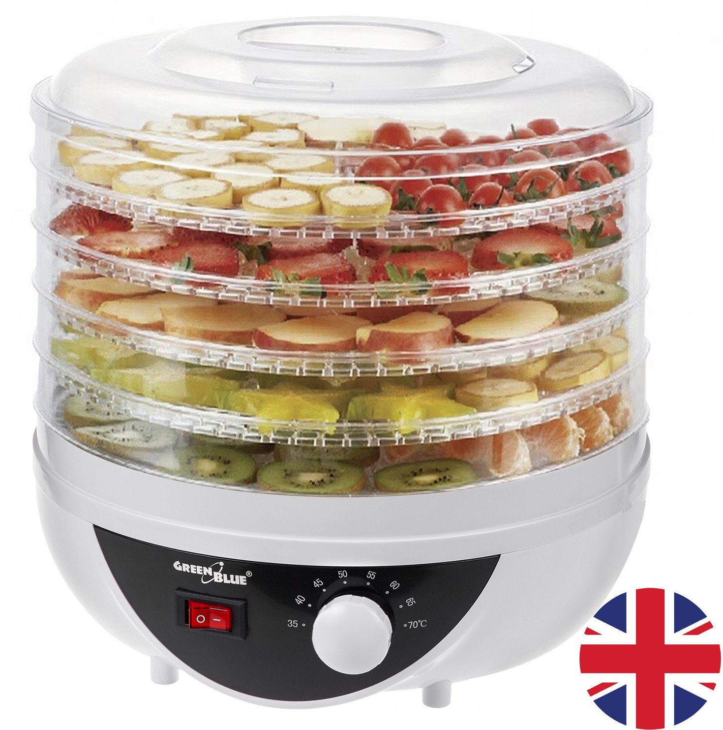 Suszarka GreenBlue Suszarka do grzybów, warzyw i owoców GreenBlue, moc 250W - bardzo cicha, GB195 wtyczka UK