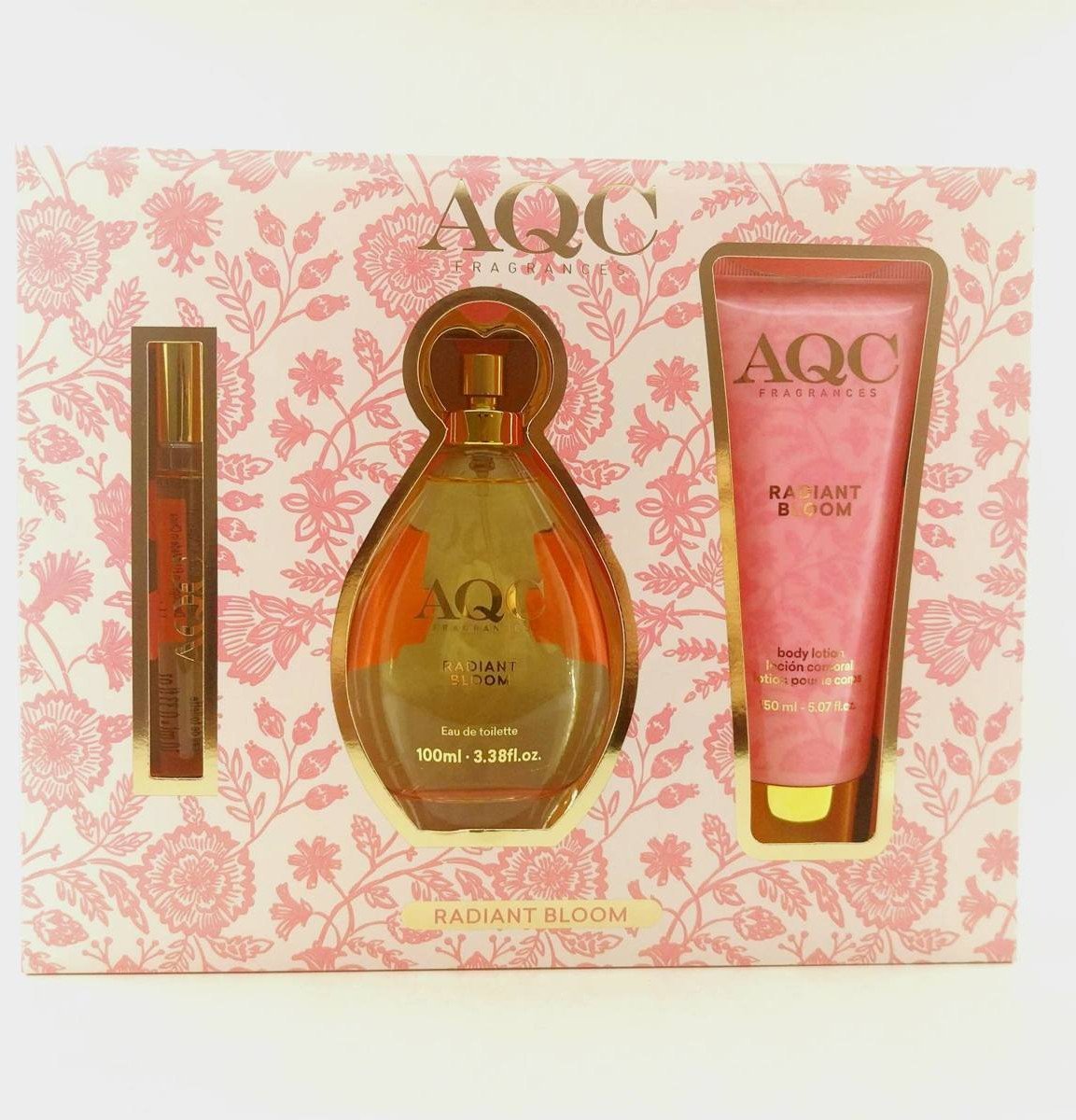 Rinkinys Aqc Fragrances Radiant Bloom moterims: tualetinis vanduo EDT, 100 ml + tualetinis vanduo EDT, 10 ml + kūno losjonas, 150 ml