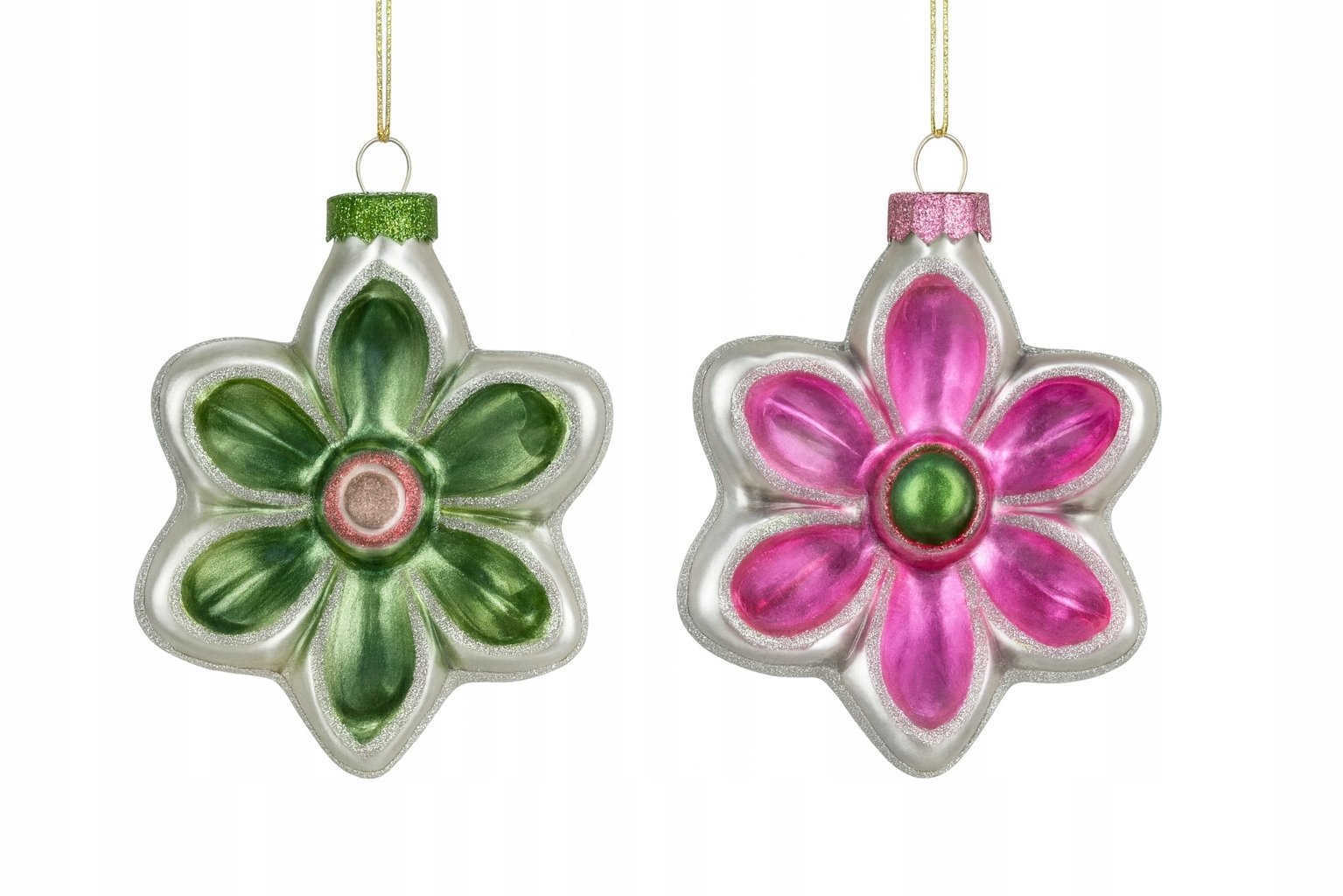 Bombka choinkowa szklana kształtka kwiatek różowa zielona duża 10,6cm 1szt