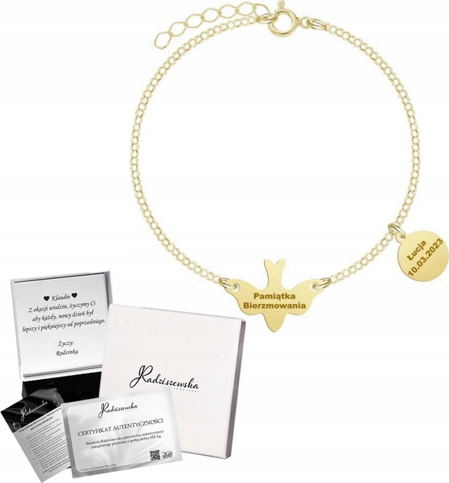 Radziszewska Jewellery Bransoletka Złota z Gołębicą Duch Święty 925 Prezent GRAWER GRATIS