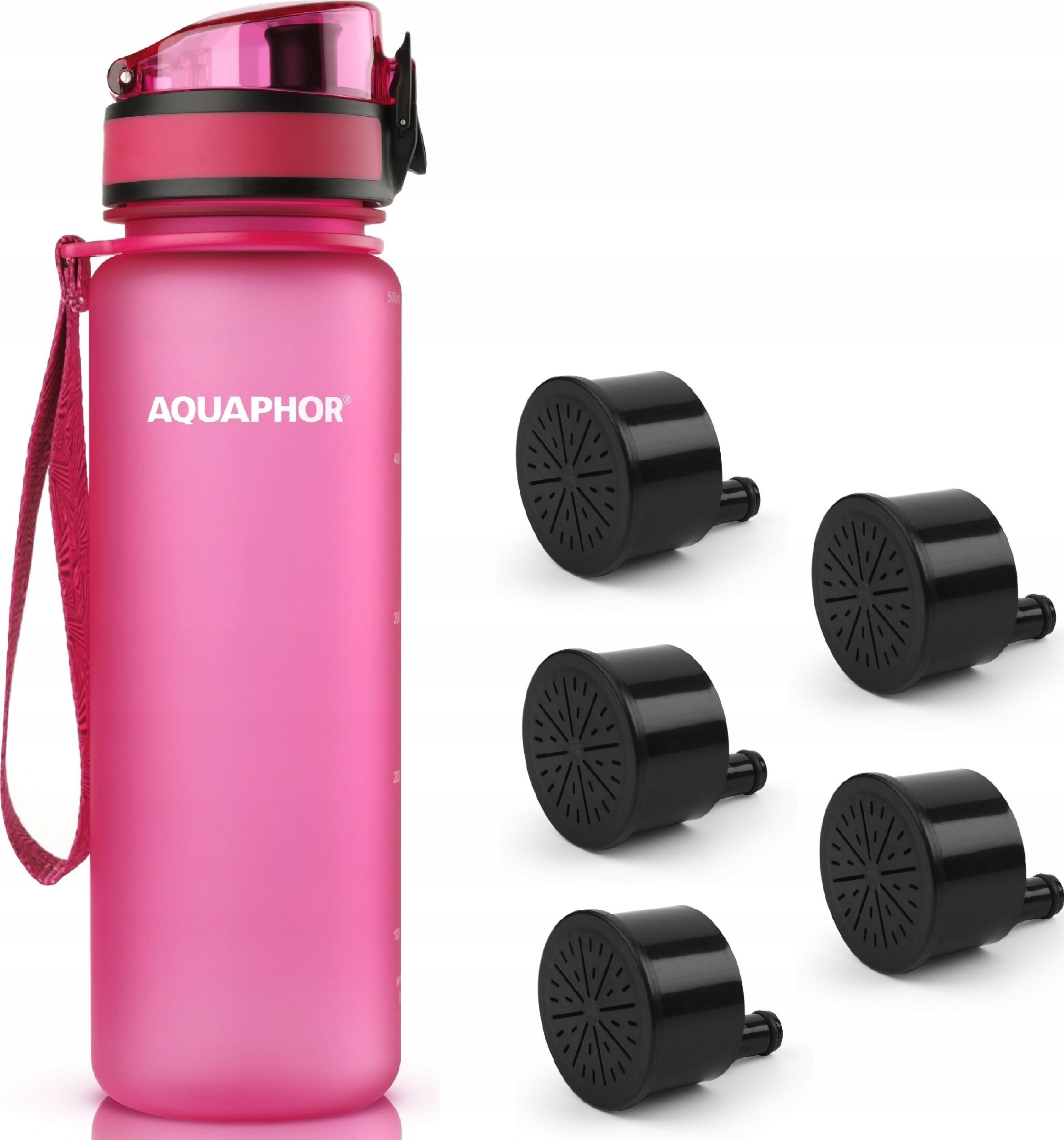 Butelka filtrująca Aquaphor City 500 ml + 5 filtrów, różowa