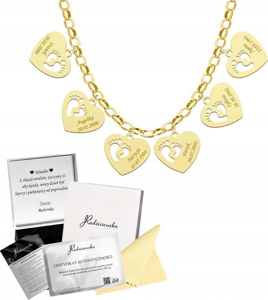 Radziszewska Jewellery Naszyjnik Złoty SERCE STÓPKI Imię Dziecka Dzień Matki SREBRO 925 GRAWER