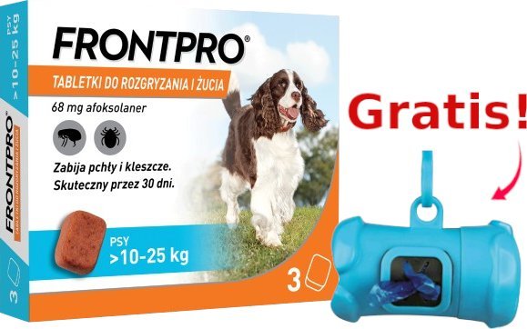 Frontline Frontpro tabletki na pchły i kleszcze L 68mg 10-25kg x 3tabl + Frontline Dozownik na woreczki GRATIS!