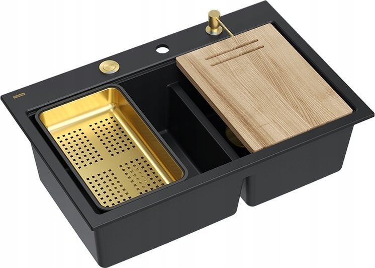 Zlewozmywak GraniteQ MARC 120 WORKSTATION GraniteQ zlewozmywak 2-komorowy 760*500*235 mm pure carbon + syfon push to open + dozownik + deska + wkładka