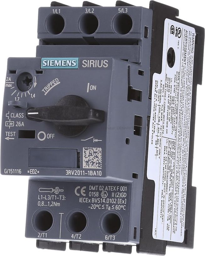 Siemens Wyłącznik silnikowy 3P 0,75kW 1,4-2A S00 (3RV2011-1BA10)