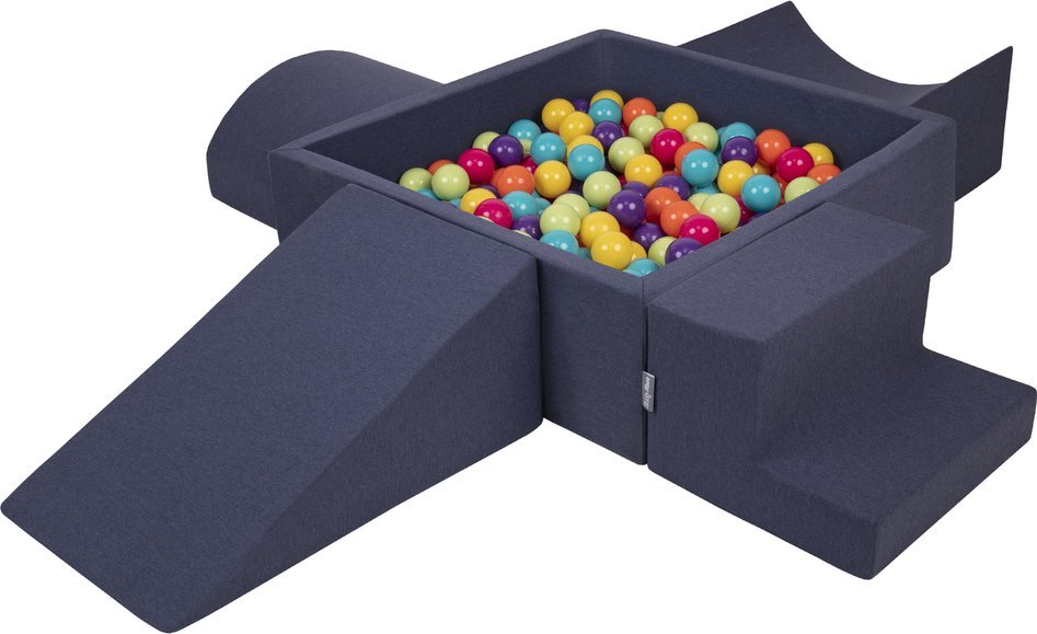 KiddyMoon Piankowy plac zabaw PPZP-KW30D-115 z piłeczkami granatowy: jasny zielony-żółty-turkus-pomarańcz-ciemny róż-fiolet basen 200/klin L/rampa L/p