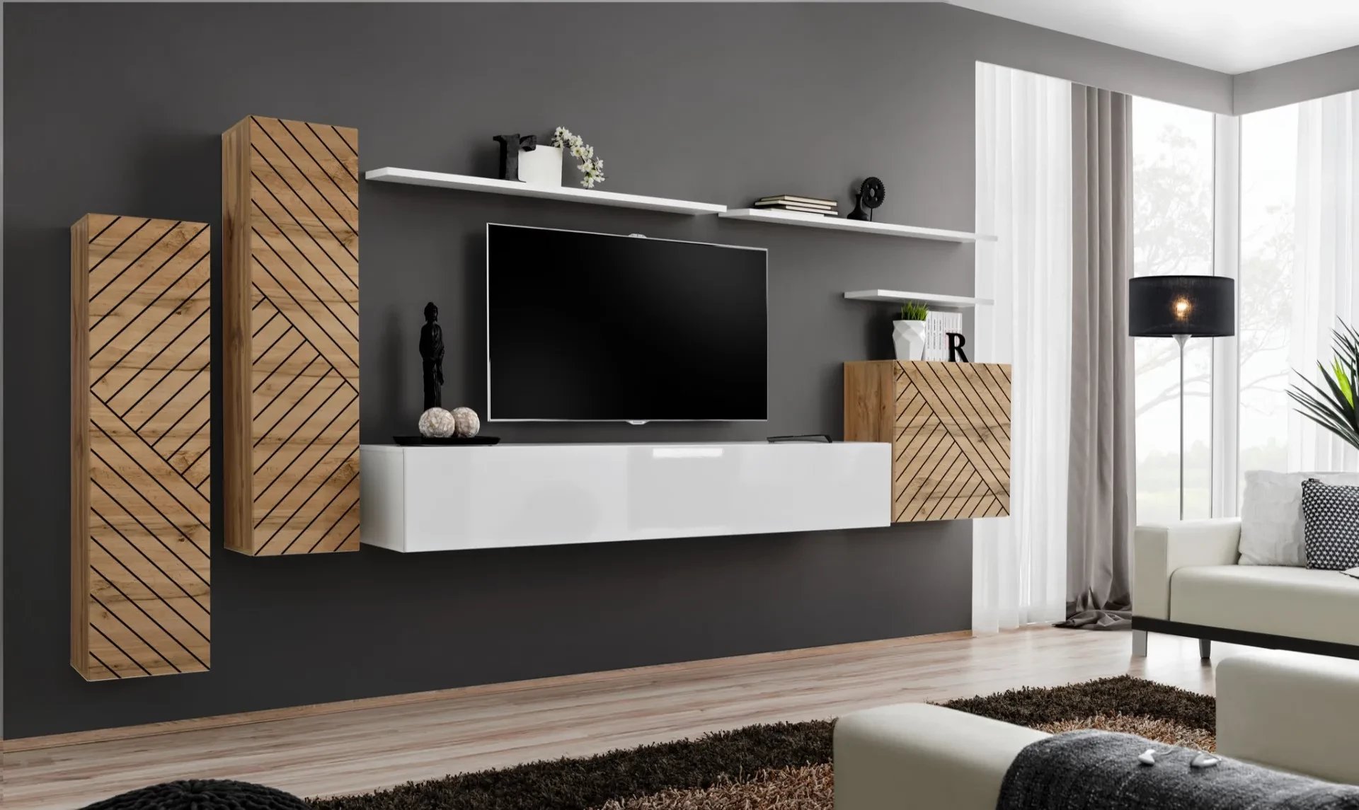 Meblościanka SWITCH LAMEL I dąb wotan/biała ASM Meble