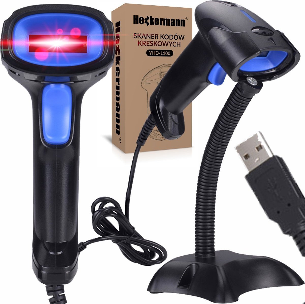 Czytnik kodów kreskowych Heckermann Zestaw Przewodowy czytnik skaner kodów kreskowych 1D Heckermann YHD-1100 + Stojak