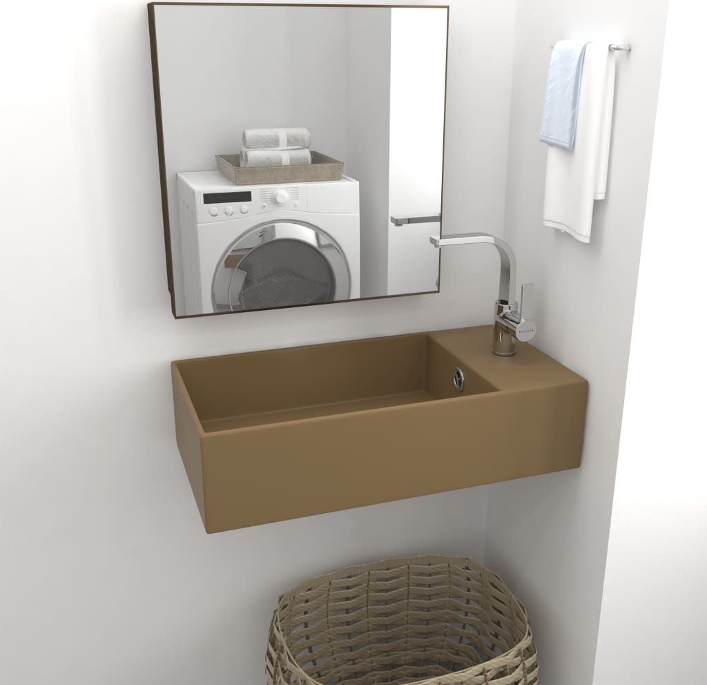 Umywalka vidaXL Ścienna umywalka z otworem przelewowym, ceramika, kremowy mat (146996)