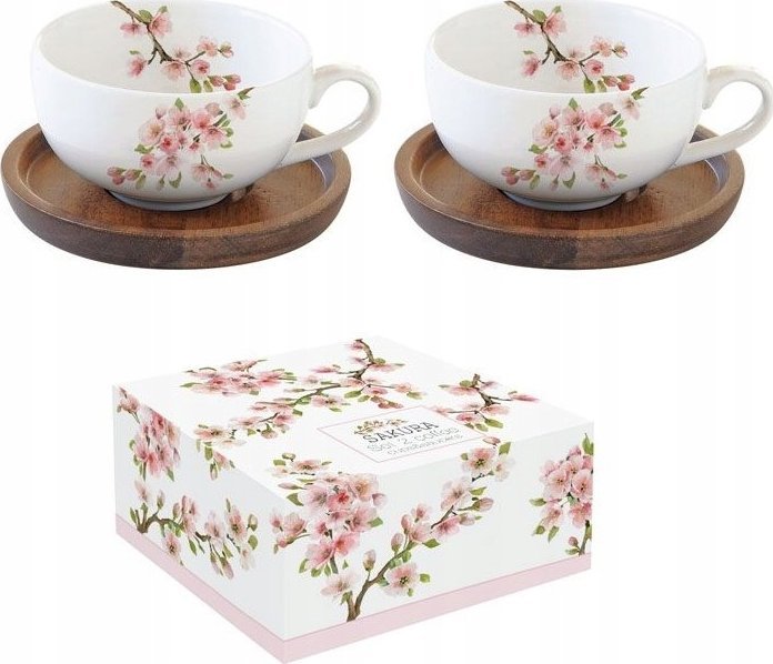 EASY LIFE Sakura zestaw 2 filiżanek 100ml z drewnianymi spodkami