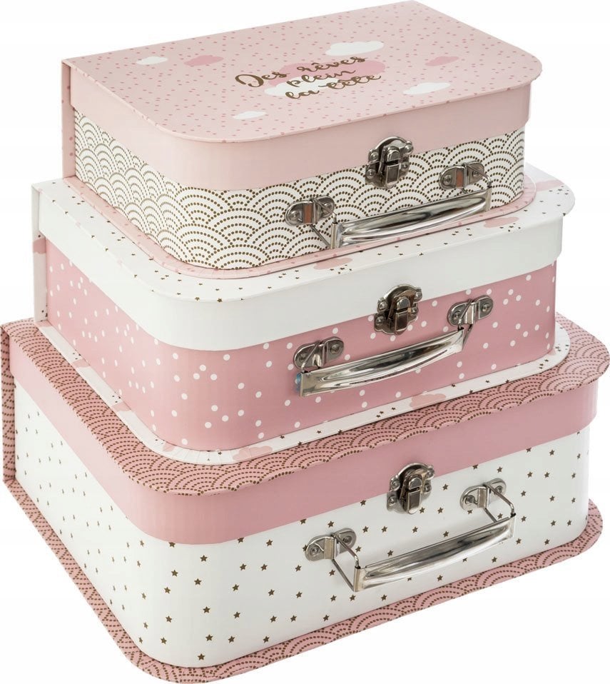 Atmosphera Pudełka kartonowe ozdobne, 3 rozmiary, motyw walizek w kolorze różowym