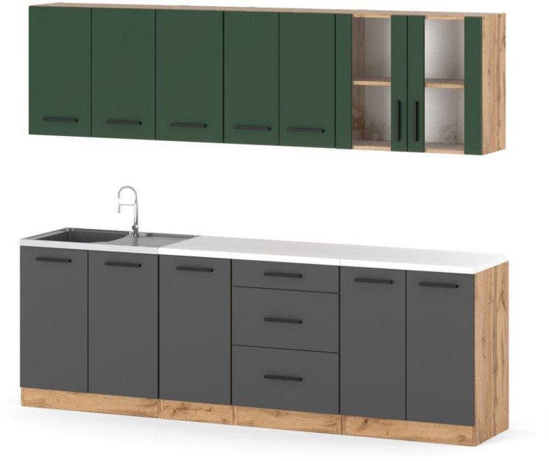 Kuchnia Remino 2.6m Nowoczesna Modułowa Blat Wotan Szary Butelkowa Zieleń