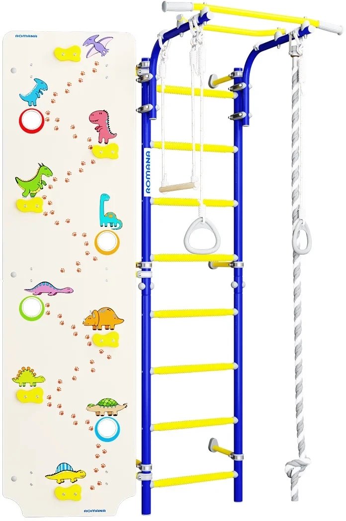 Drabinka gimnastyczna Next 1 niebieska + ścianka Dino 225 cm + huśtawka CE
