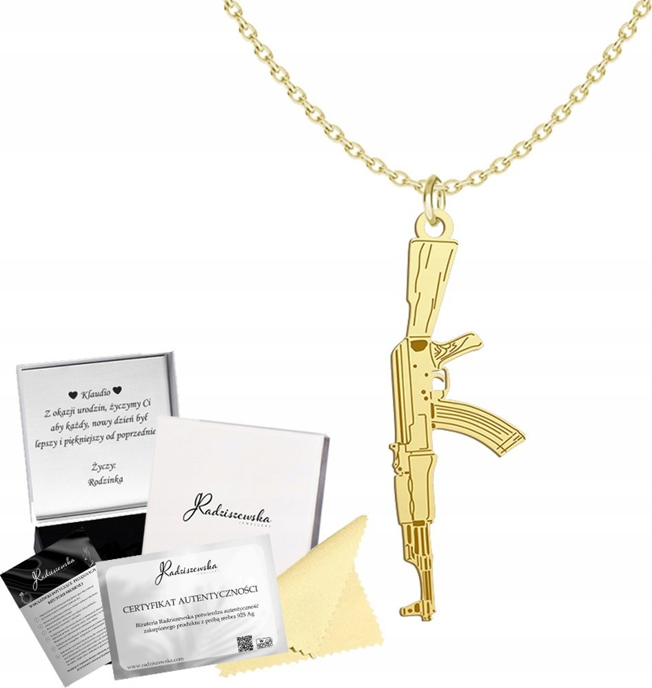 Radziszewska Jewellery Złoty Naszyjnik Kałasznikow AK 47 SREBRO 925 Prezent DEDYKACJA GRATIS
