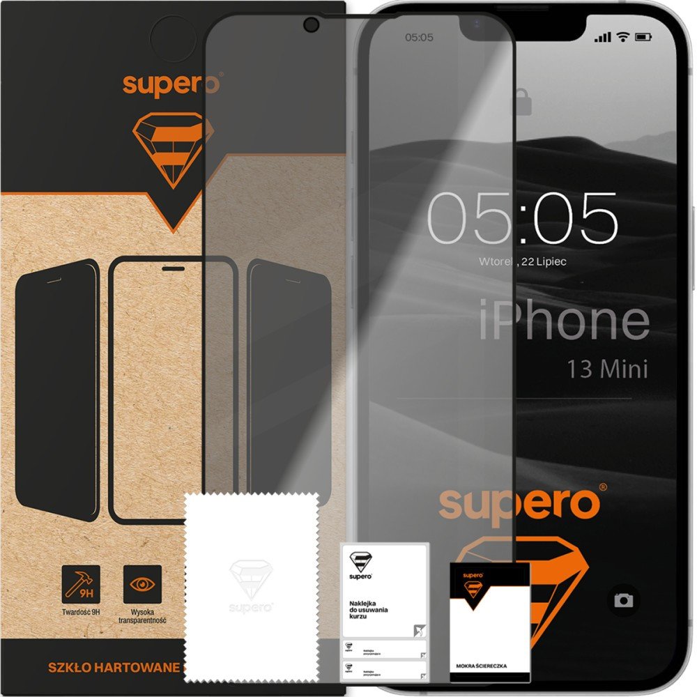 SUPERO Szkło hartowane do iPhone 13 mini, prywatności, z czarną ramką