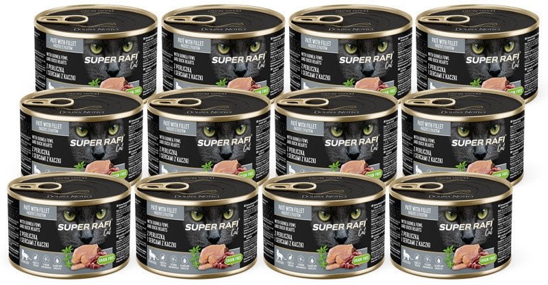 Karma mokra dla kotów sterylizowanych Super Rafi Cat z perliczką i sercami z kaczki zestaw 12 x 185 g
