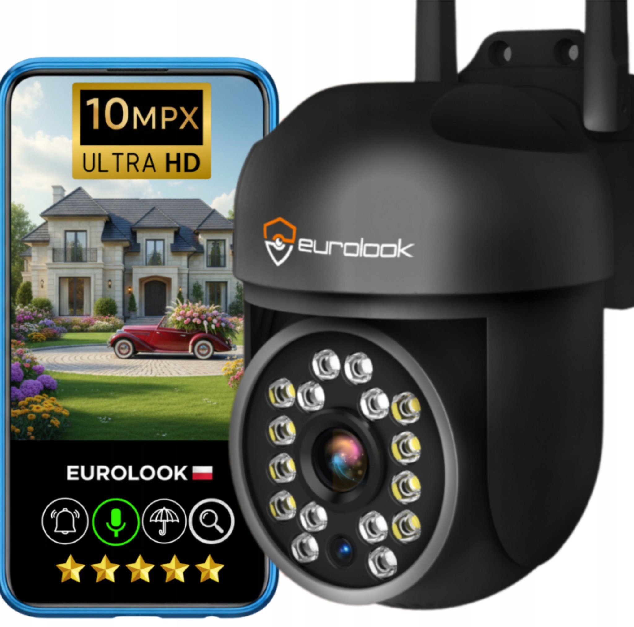 ZEWNĘTRZNA KAMERA IP WIFI OBROTOWA 10MP 4K ULTRA HD MIKROFON ŚLEDZENIE ZOOM