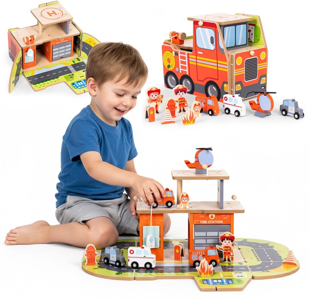 Drewniany garaż zestaw straży pożarnej 2w1 - remiza i wóz 2 piętra figurki pojazdy ECOTOYS EDUKAMP