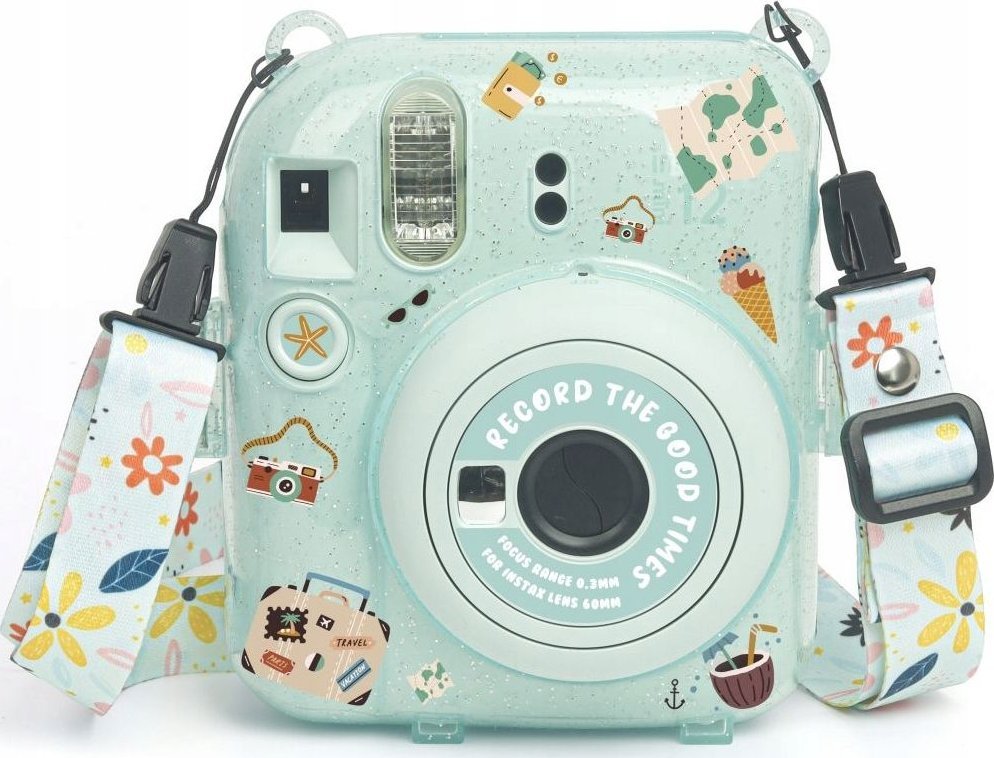Pokrowiec LoveInstant Futerał Etui Pokrowiec Case do FujiFilm Fuji INSTAX Mini 12 + Naklejki i Kieszeń na Zdjęcia Zielony Brokat