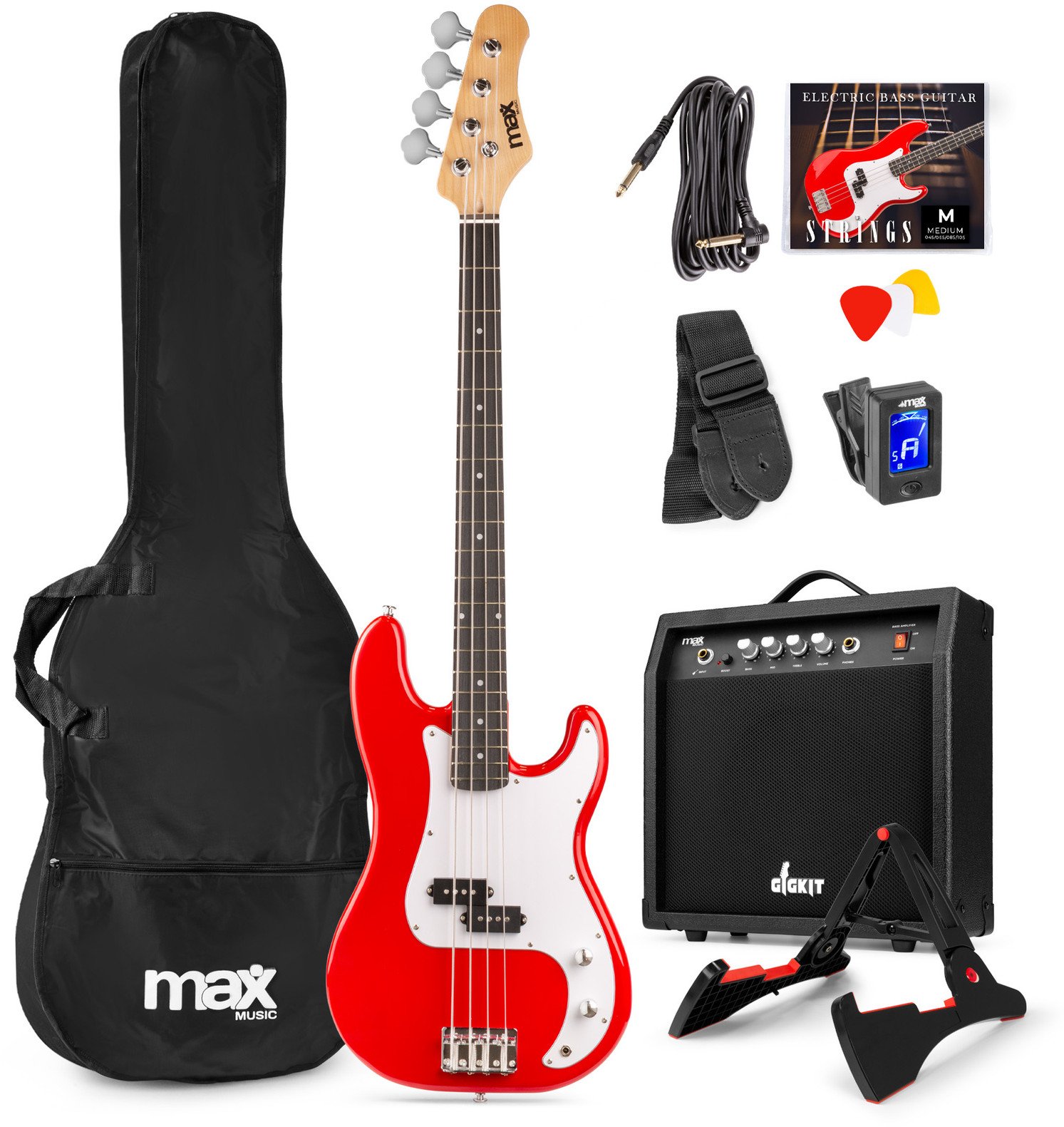 Zestaw: Gitara elektryczna basowa GigKit czerwona+ wzmacniacz statyw pokrowiec akcesoria one size