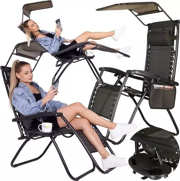 Springos Leżak ogrodowy grawitacyjny regulowany z daszkiem czarny zestaw 2 szt. UNIWERSALNY