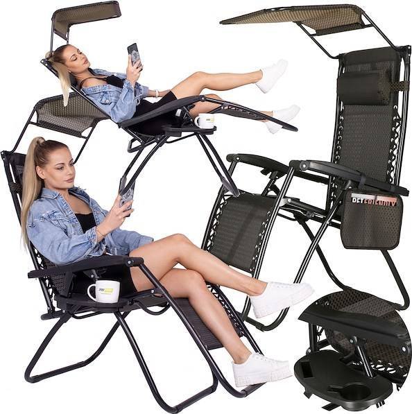 Springos Leżak ogrodowy grawitacyjny regulowany z daszkiem czarny zestaw 2 szt. UNIWERSALNY