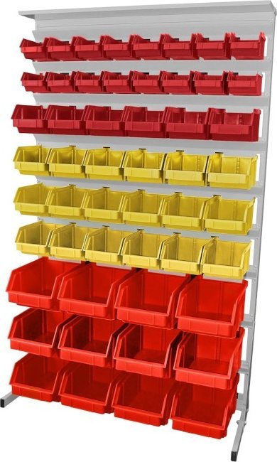 Leomar Regał do pojemników warsztatowych, jednostronny. Wym. 1560x940x400 mm z półką 52 pojemniki, czerwone, żółte