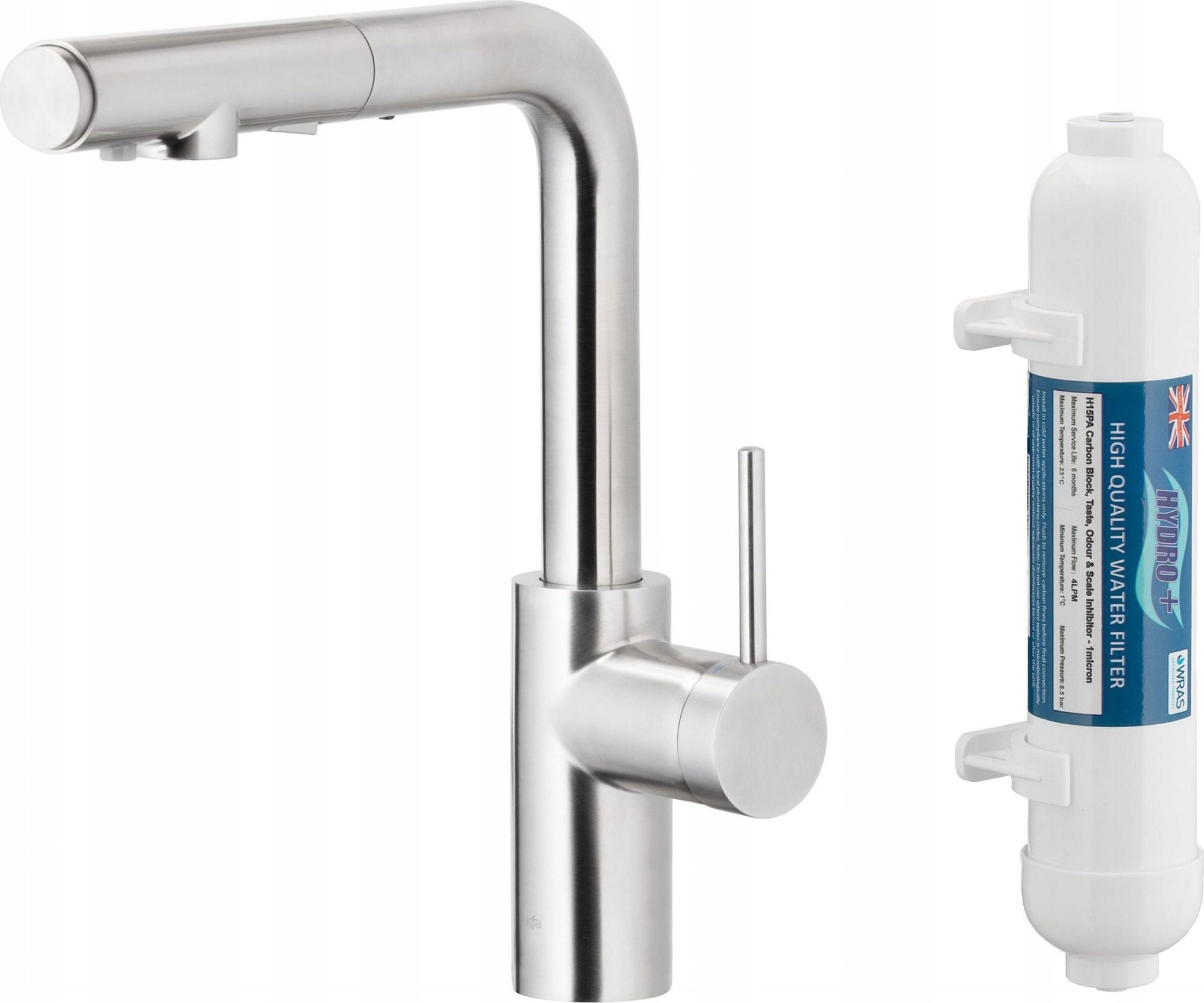 Bateria kuchenna KFA DUERO PURE BASIC PULL-OUT BATERIA KUCHENNA Z FUNKCJĄ FILTRACJI WODY I WYCIĄGANĄ WYLEWKĄ + FILTR HYDRO, INOX