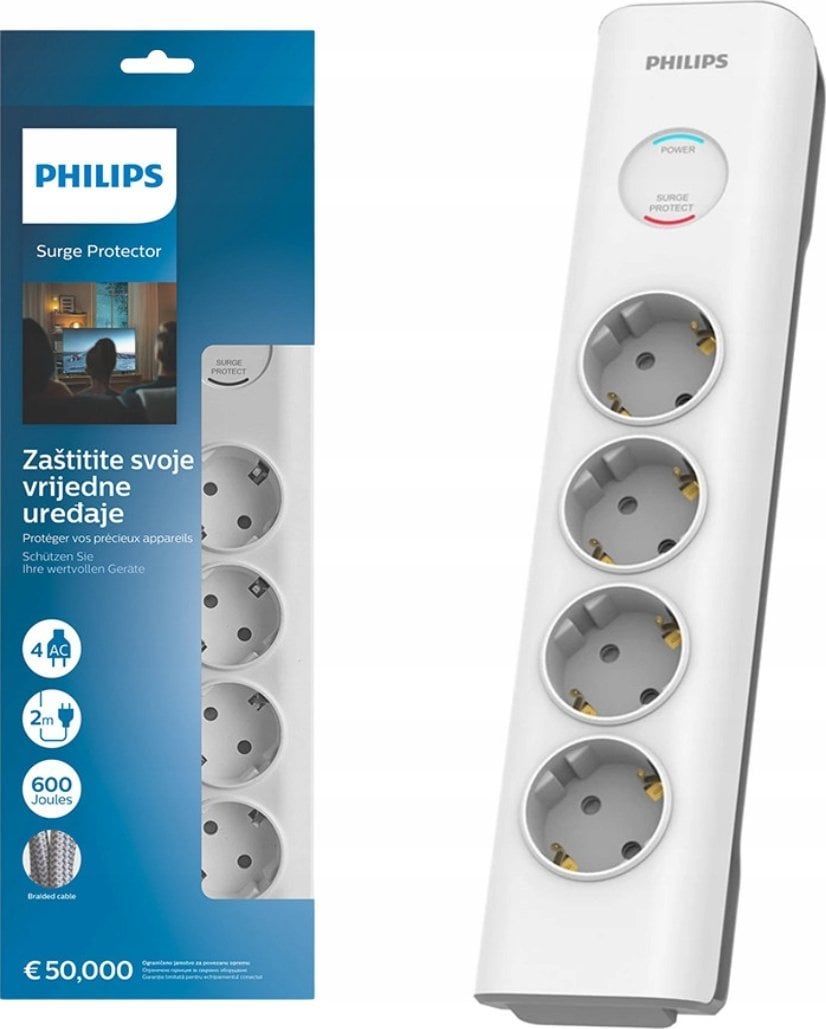 PRZEDŁUŻACZ SIECIOWY PHILIPS LISTWA ZASILAJĄCA BIAŁA 4 GNIAZDA SCHUKO 2M SPN7040WA/58