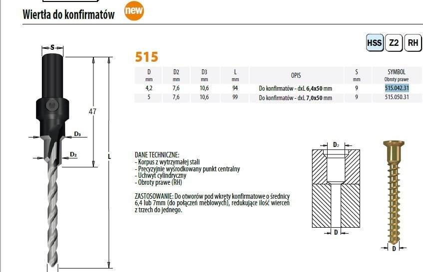 Wiertło 515.042.31 Wiertło do konfirm. 6,4x50mm