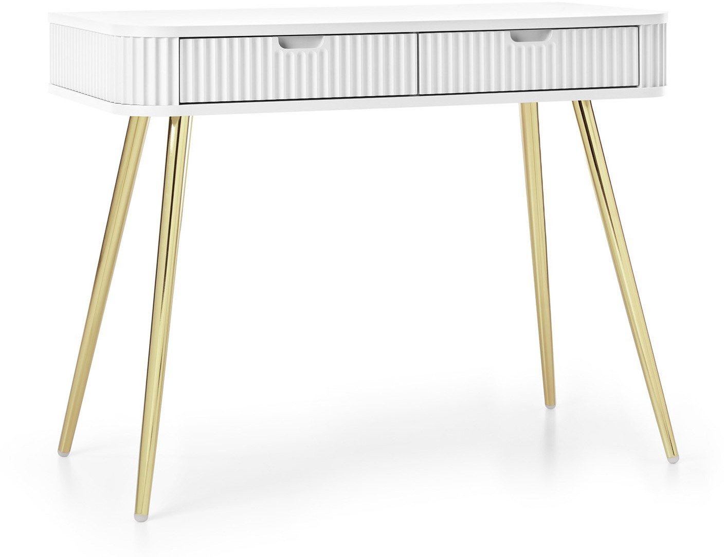 Toaletka Porto 110 cm z dwoma szufladą i ryflowanymi frontami w kolorze białym + złote nogi