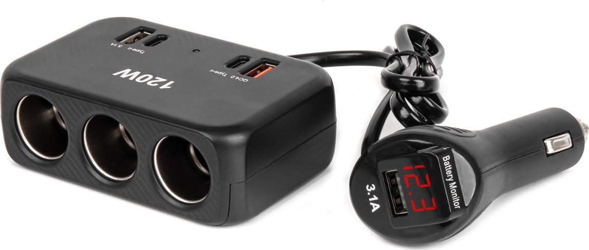 Rozdzielacz gniazda zapalniczki z ładowarką 2x usb-a 1x usb-c qc4.0 12v 24v 120w 80cm amio-04366