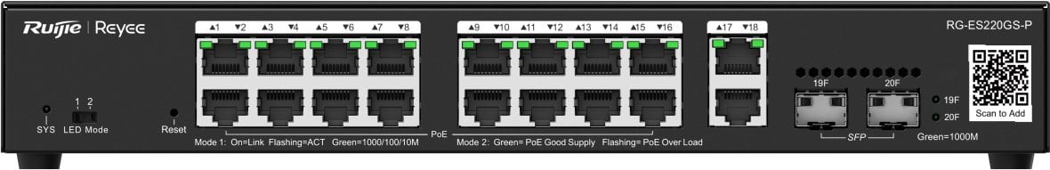 Ruijie Reyee RG-ES220GS-P| Switch Smart, 20 portów, 18xGE, 16xPoE+, 250W, 2xSFP, Cloud