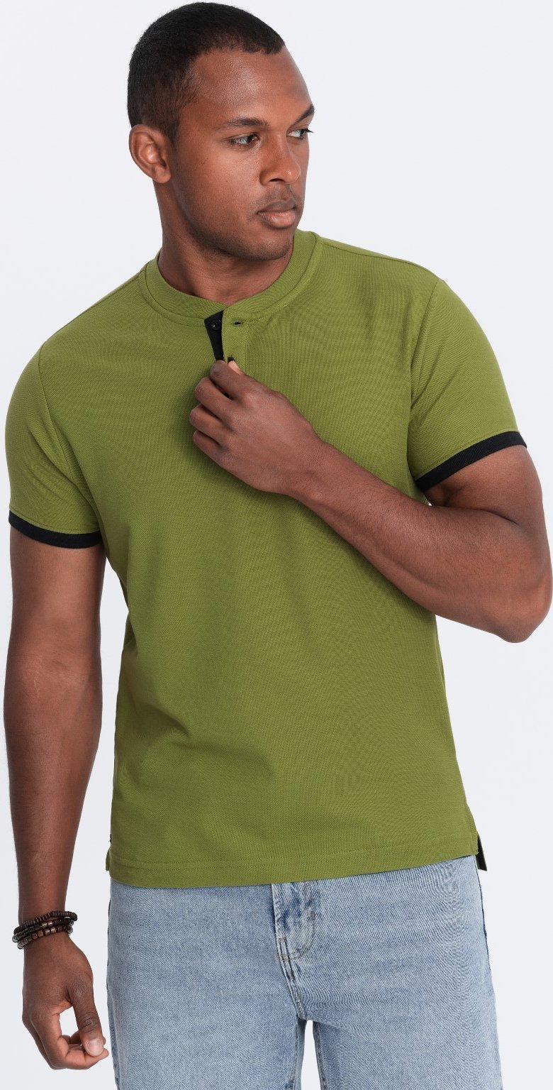 Ombre Męska koszulka polo bez kołnierzyka - oliwkowa V6 OM-TSCT-0156 M