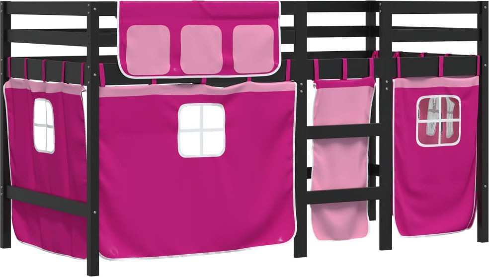 vidaXL Dziecięce łóżko na antresoli, różowe zasłonki, 90x190 cm