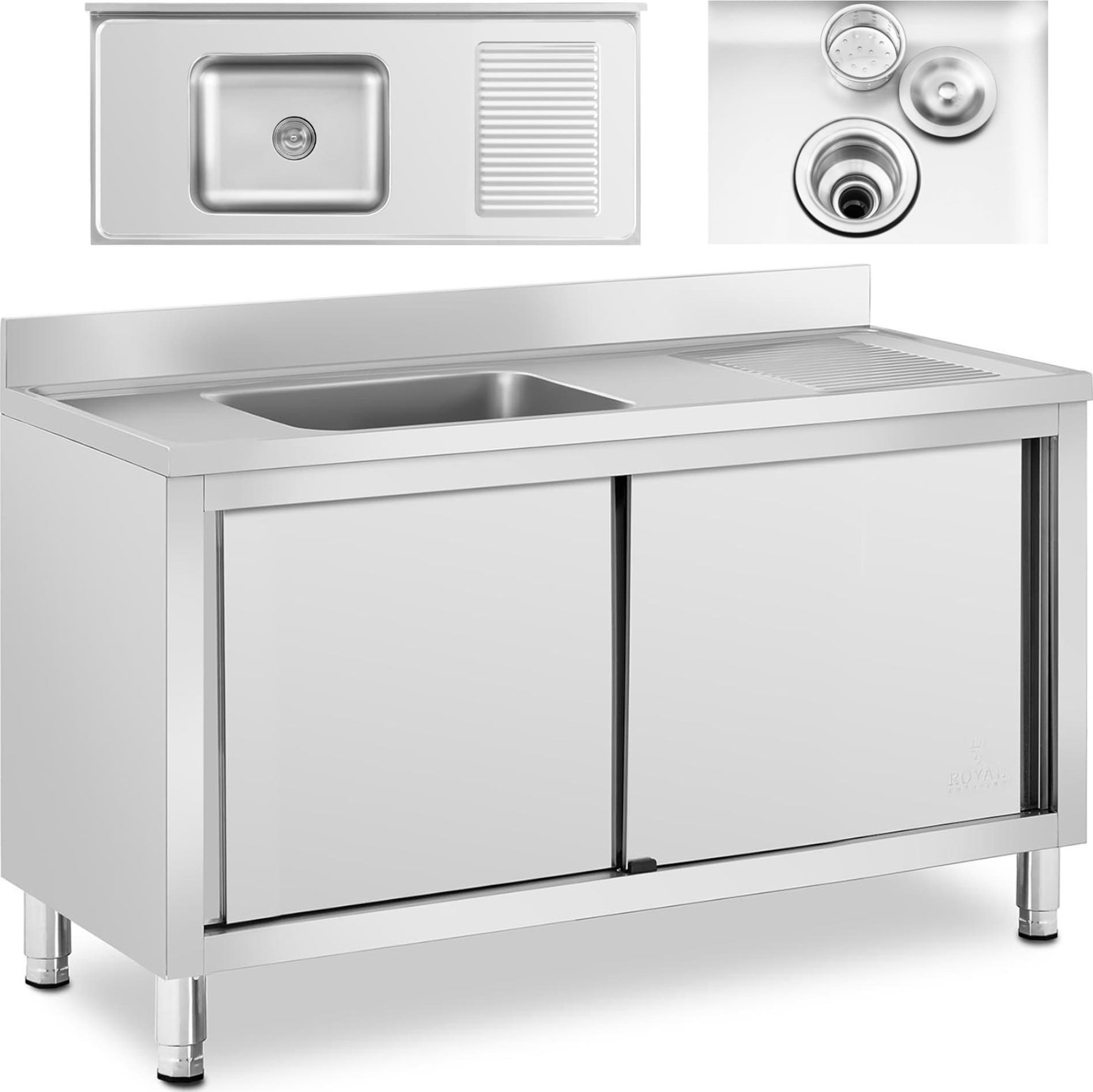 Royal Catering Zlew basen gastronomiczny jednokomorowy z szafką z drzwiami przesuwnymi lewy 140 x 60 x 94.5 cm