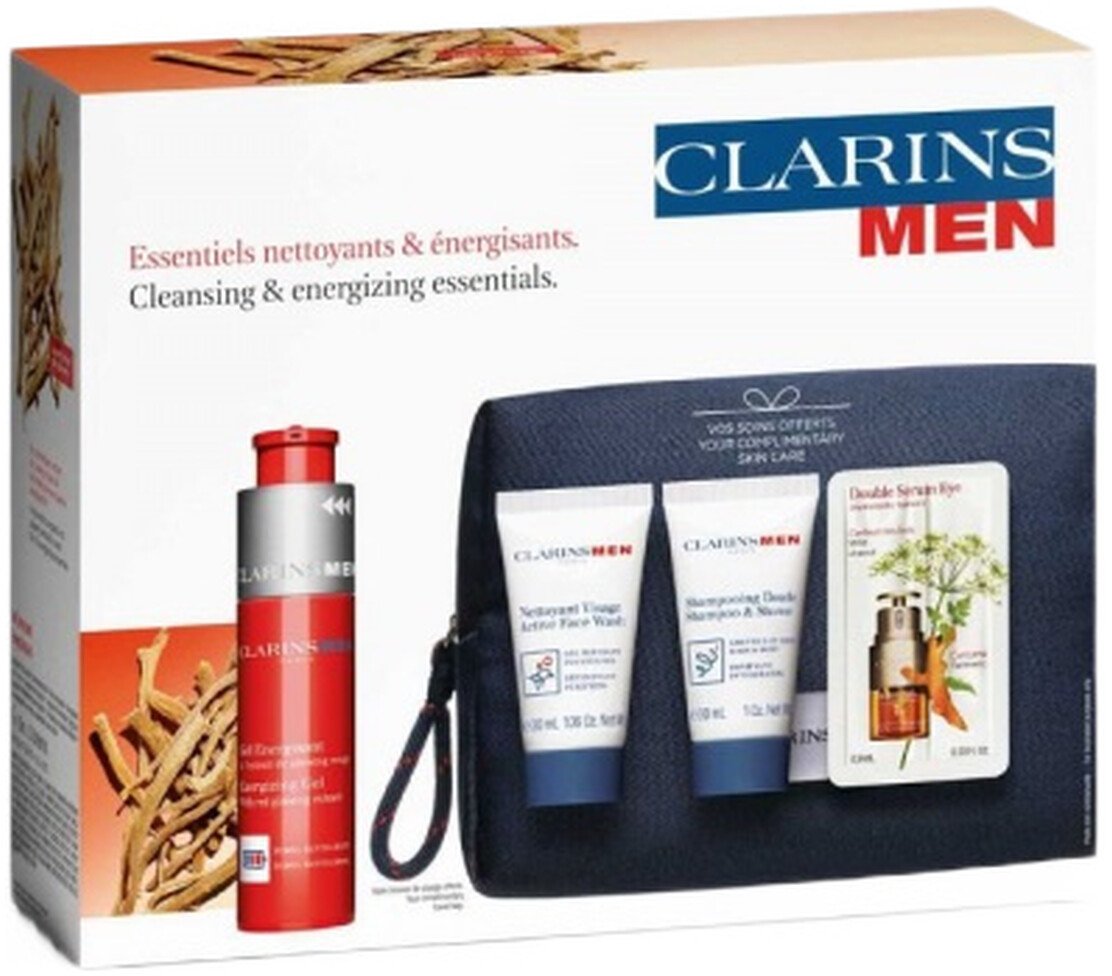 Clarins ClarinsMen Zestaw żel energetyzujący 50ml + żel do mycia twarzy 30ml + żel pod prysznic 30ml + serum pod oczy 0.9ml + kosmetyczka