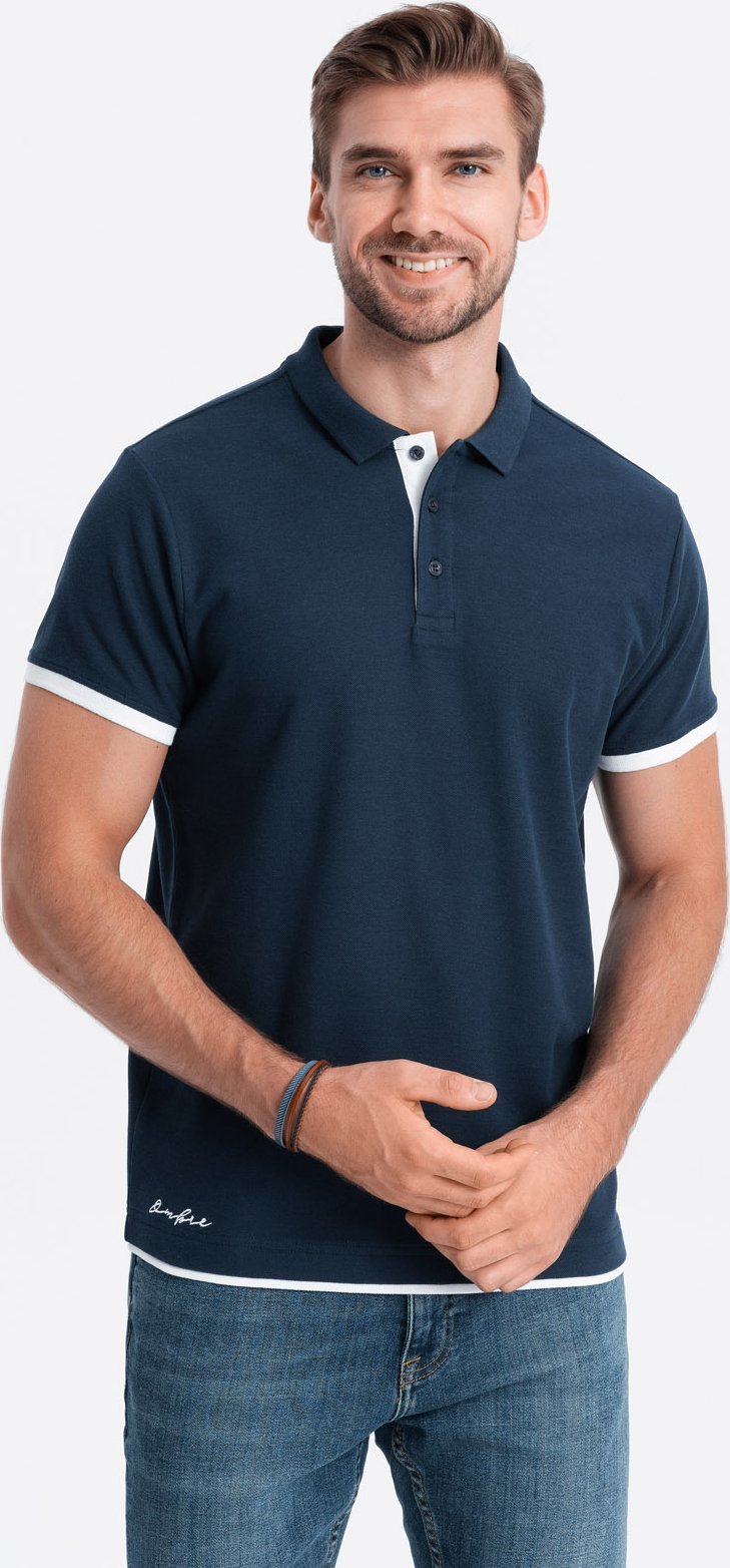 Ombre Bawełniana męska koszulka polo z kontrastowymi wykończeniami granatowa V4 OM-POSS-0113 L