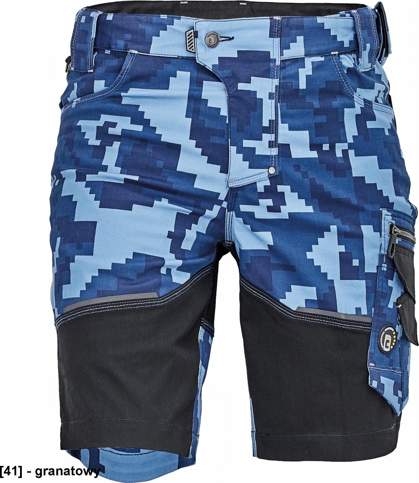CERVA NEURUM CAMOUFLAGE szorty - męskie szorty robocze, 6 kieszeni, elastyczny materiał Trifibetex z nadrukiem moro, odblaski - granatowy 46