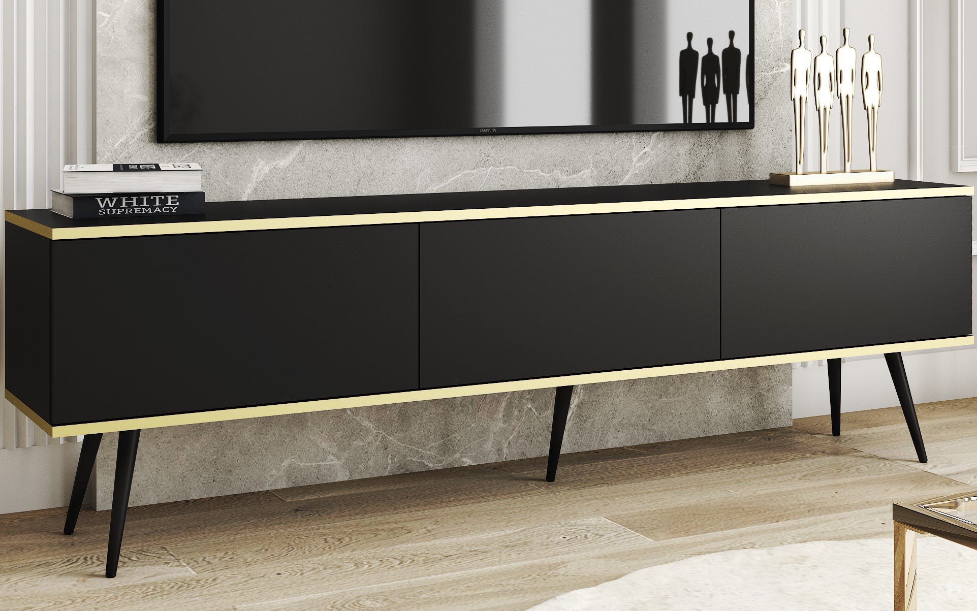 Meble Lindner Komoda RTV Stolik Telewizyjny Szafka RTV Glamour Czarny Mat Nogi czarne 175 cm