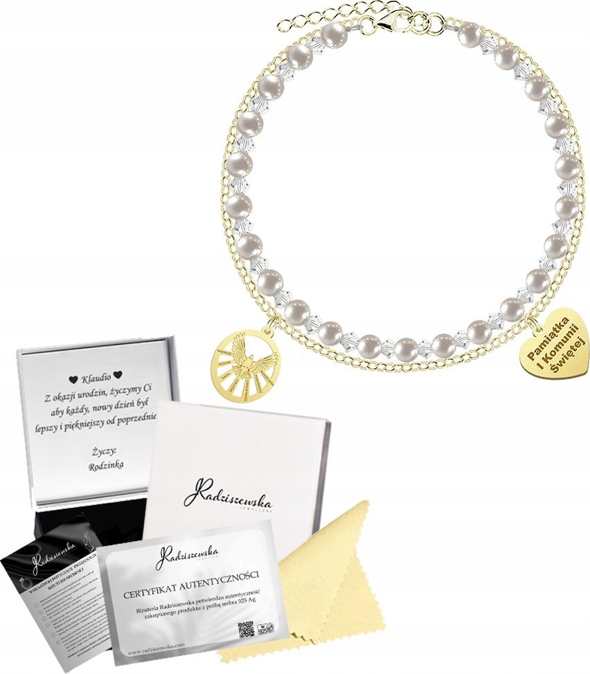MEJK Jewellery Bransoletka Złota Duch Święty Serce Perły Prezent Bierzmowanie 925 GRAWER