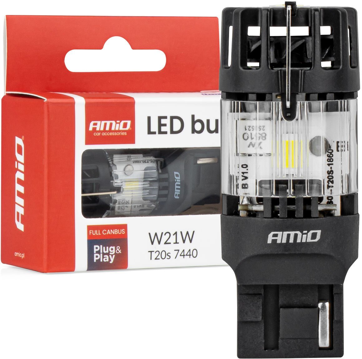 AMiO Żarówka led lumitec t20s 7440 w21w 12v full canbus biały amio-04686