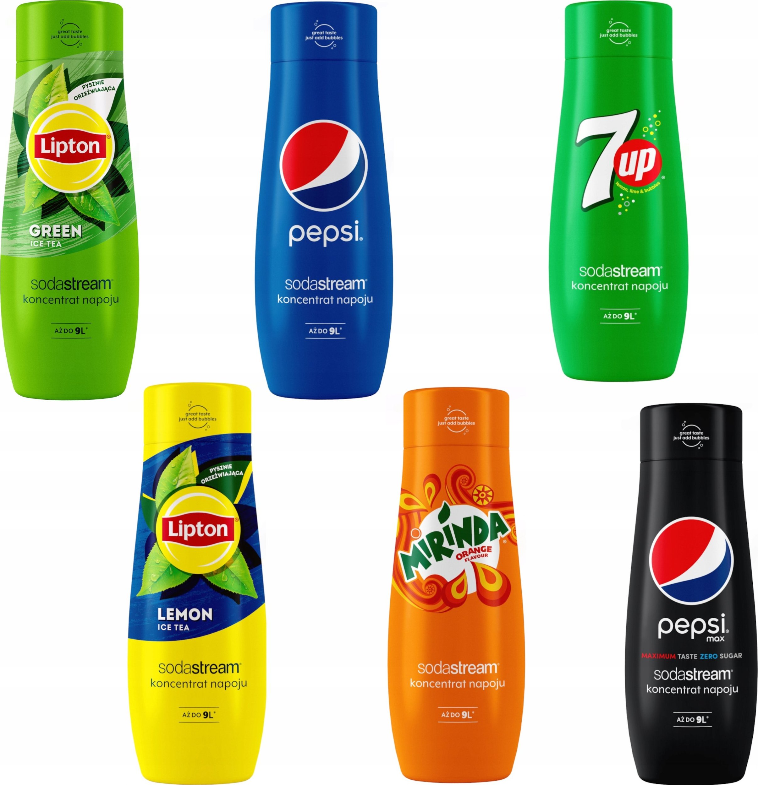 Zestaw 6 koncentratów SodaStream Lipton Lemon+Green+Pepsi+Mirinda+7UP+PepsiMAX